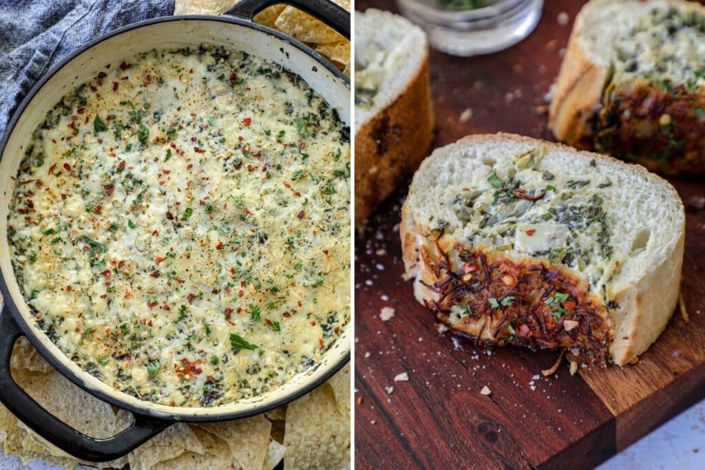 Smoked spinach artichoke dip and artichoke dip stuffed bread