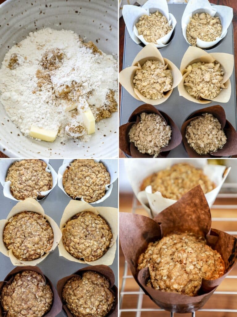 Step by step photos of how to create streusel topping. 