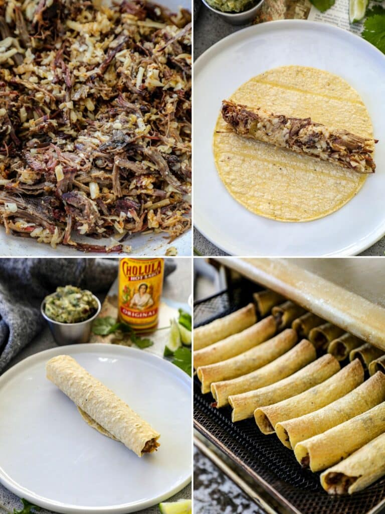 Step by step photos of how to make air fryer flautas.
