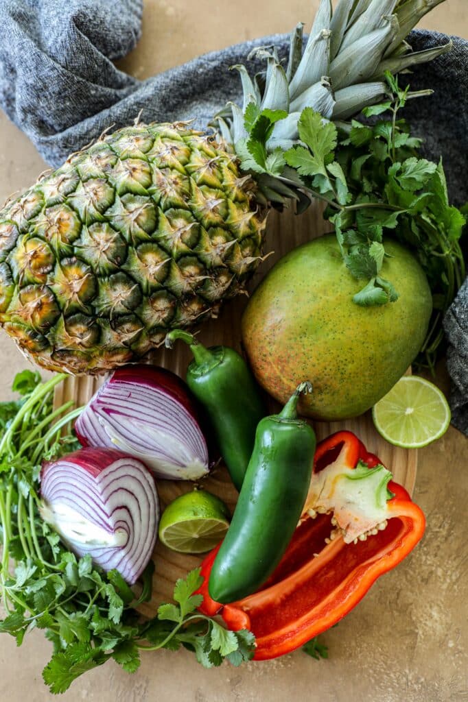 Ingredients needed for mango pineapple salsa.