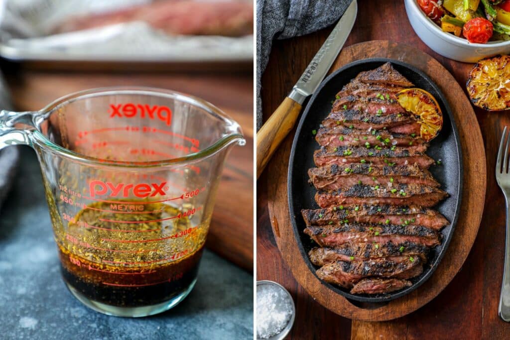 Two photos side by side. Left photo of marinade in a measuring cup, right photos of steak on a black serving platter. 