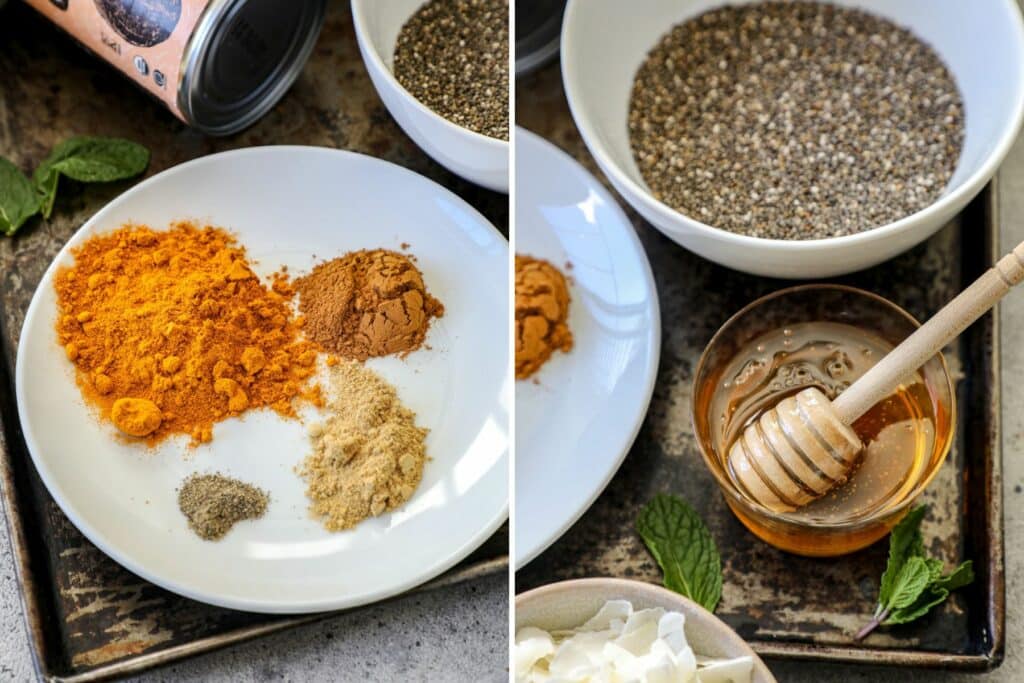 Side by side photos with left photo showing spices used for chia pudding and right photo with a container of honey.