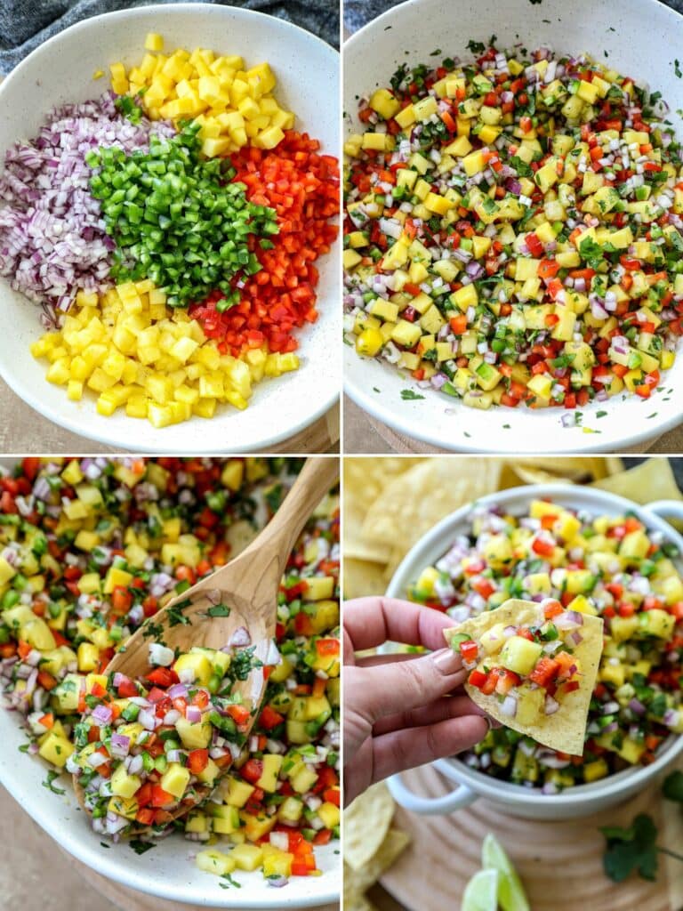 Step by step photos of how to make mango pineapple salsa