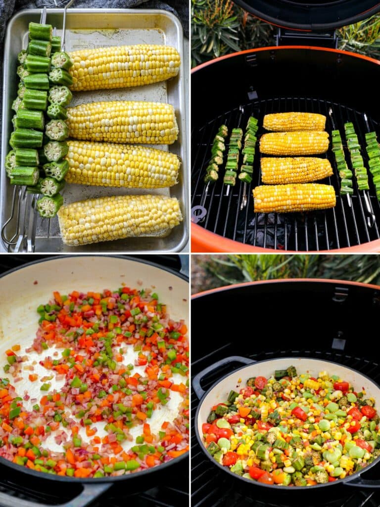 How to make grilled succotash in four side by side photos. 