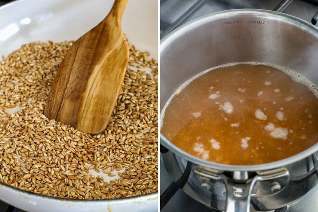 Side by side photos of toasting and cooking farro. 