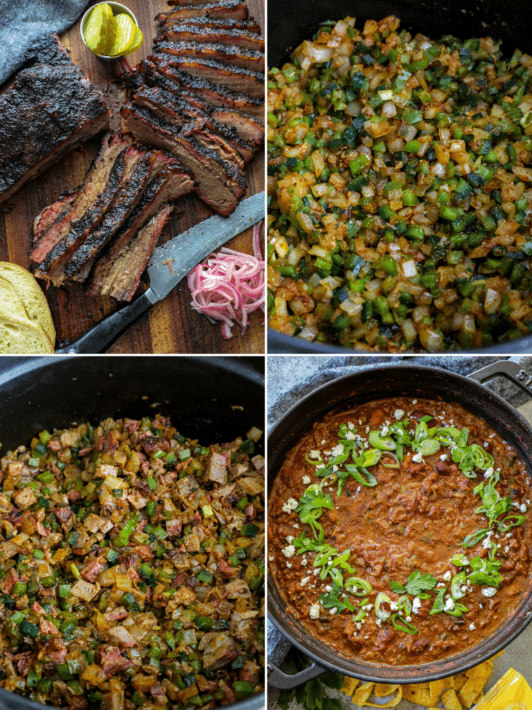 How to make smoked brisket chili in four side by side photos.