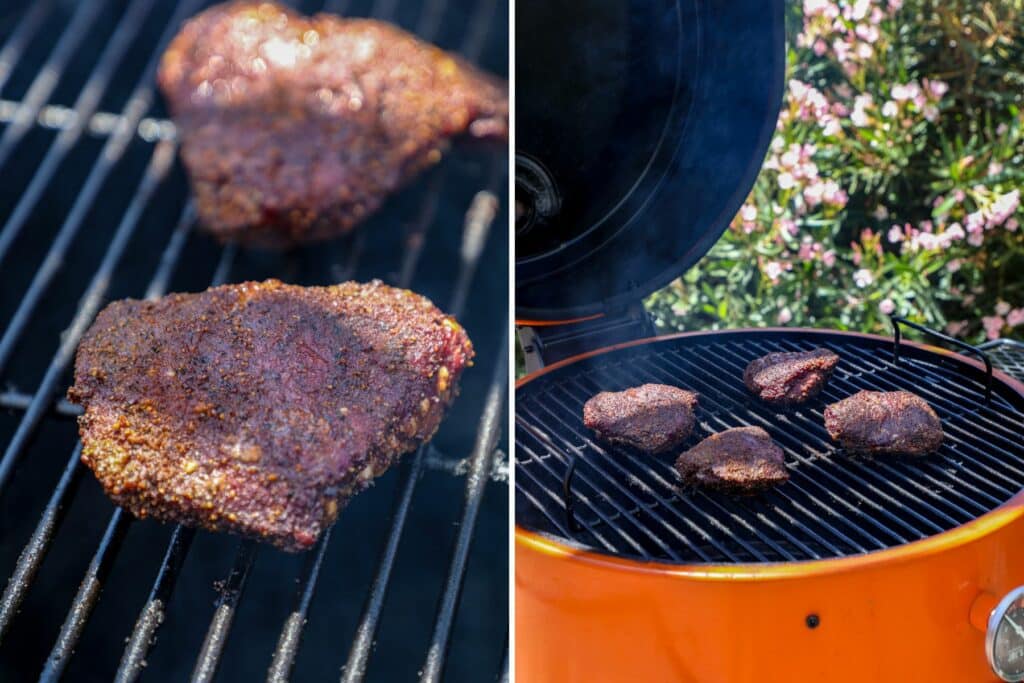 Beef cheeks smoking on the charcoal smoker grill