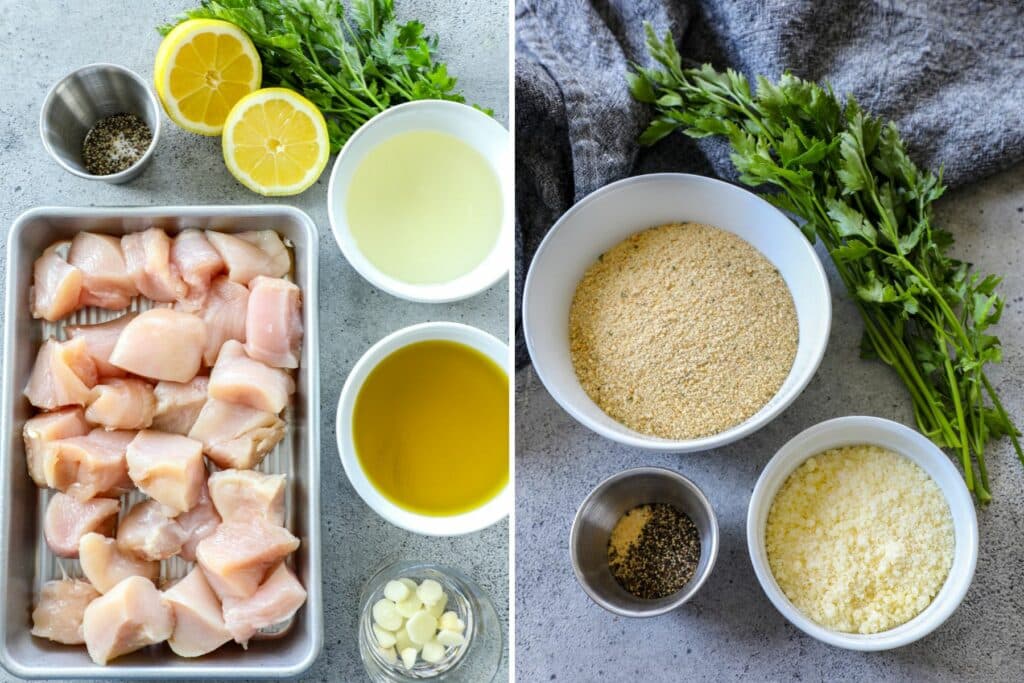Side by side photos of the ingredients needed for chicken spiedini. 