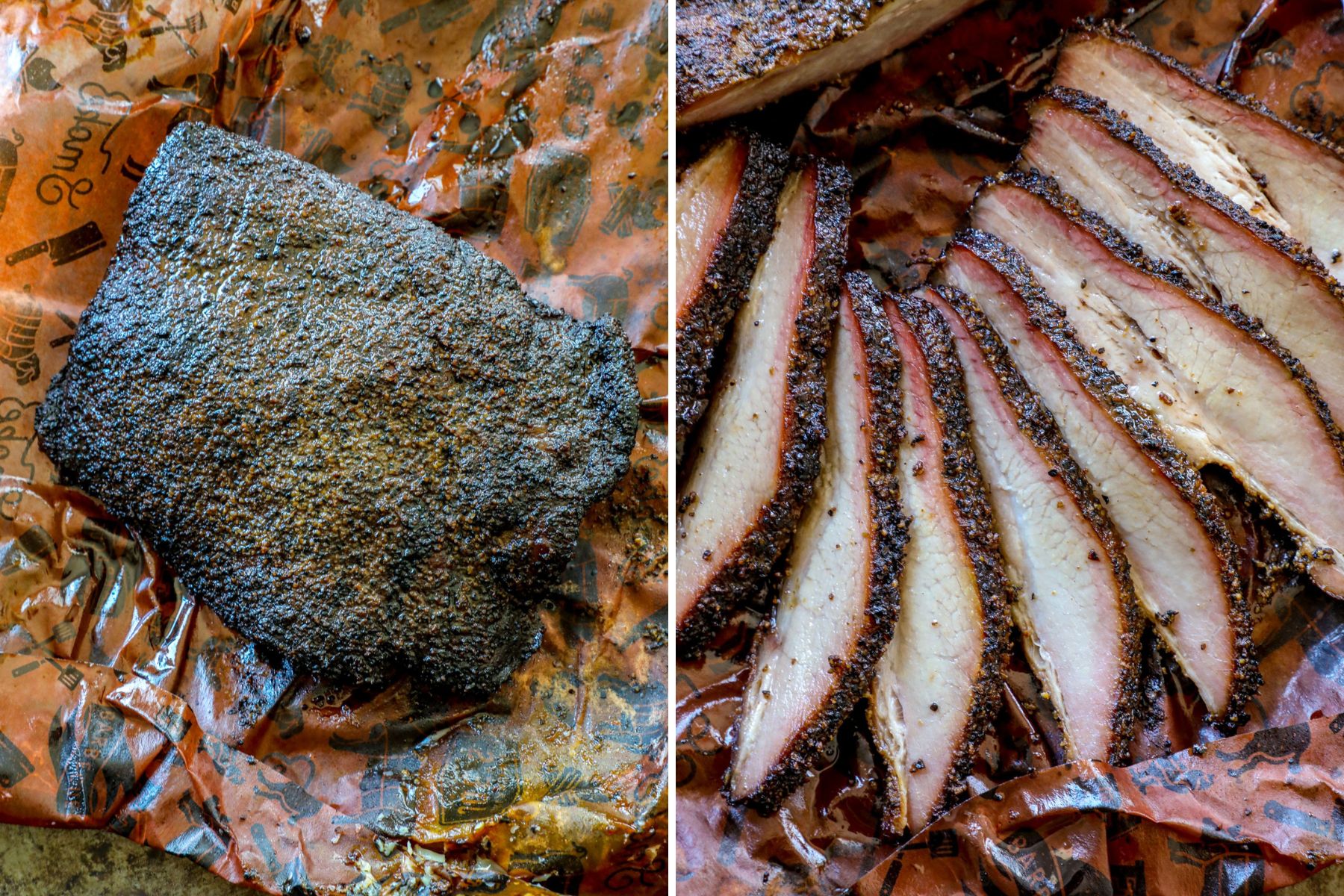 Sliced pork brisket pieces on butcher paper