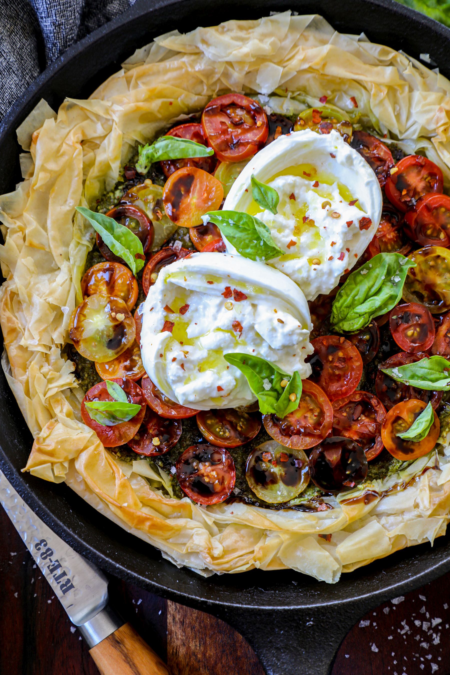 Tomato Pesto Phyllo Tart With Burrata