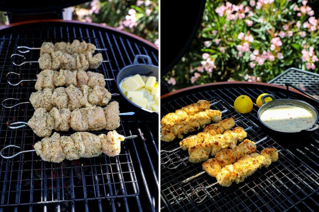 grilled chicken spiedini skewers cooked over charcoal grill in side by side photos. 