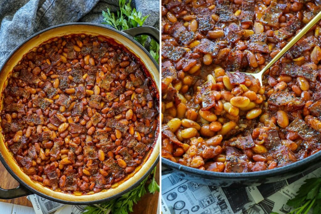 Left photo is an overhead shot of smoked baked beans in the skillet and right photo is close up with a spoon in the beans. 