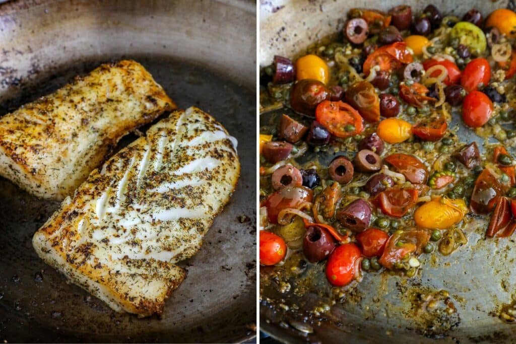 Steps for pan searing Mediterranean cod and vegetables in side by side photos. 