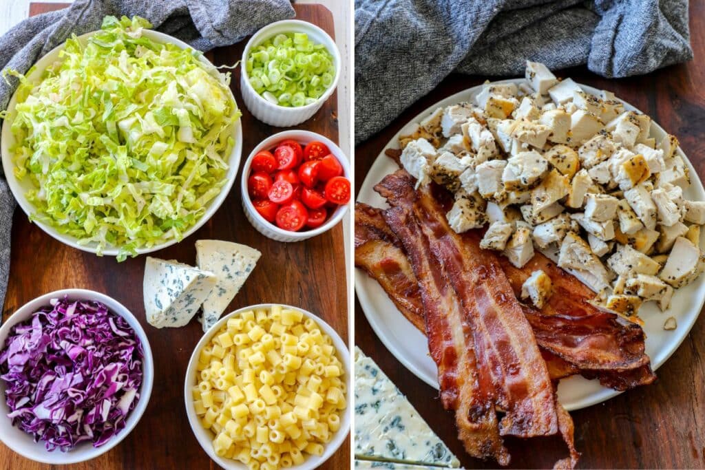 Portillos chopped salad ingredients in side by side photos. 