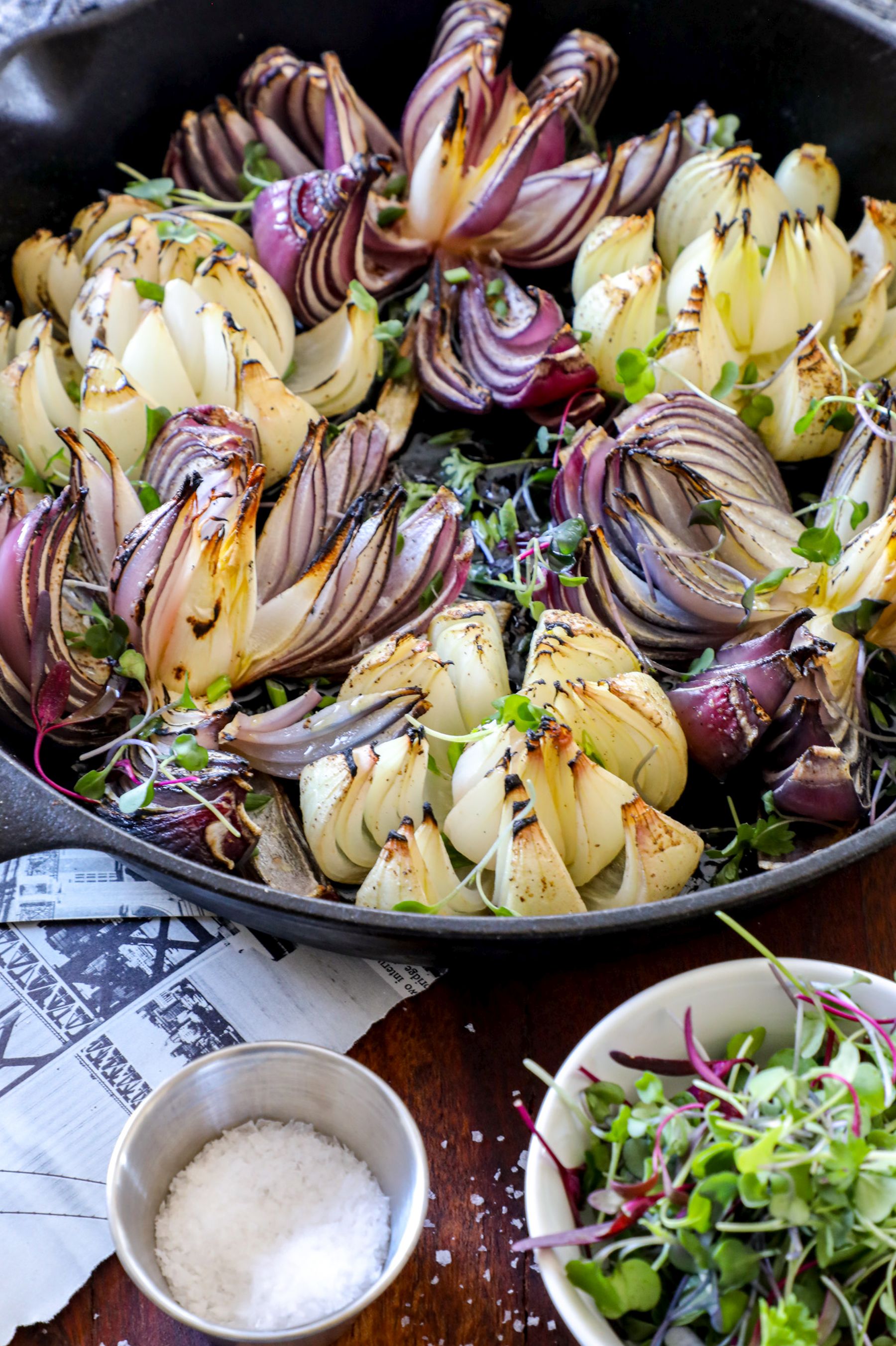 Smoked Onions in a cast iron skillet.