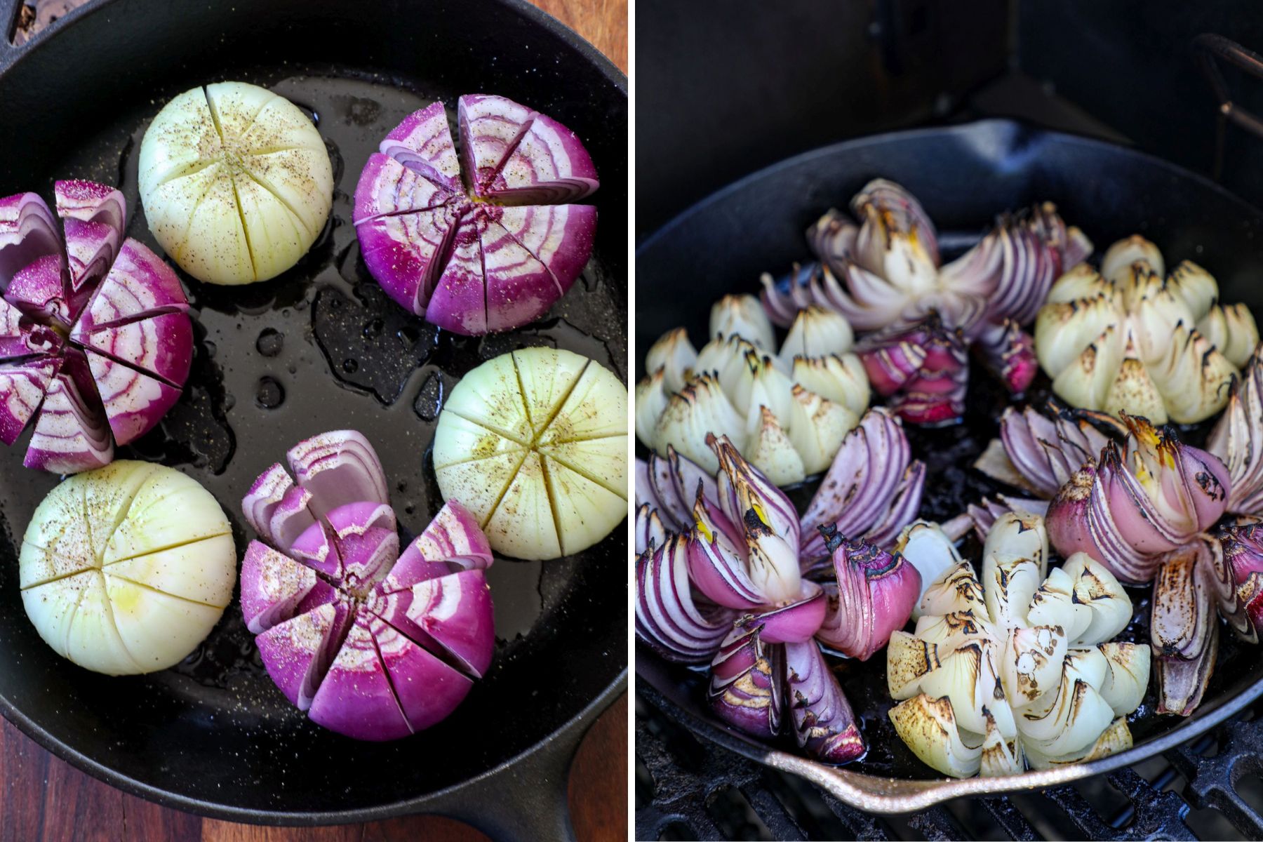 smoked onions smoking on the grill in a cast iron in step by step photos. 