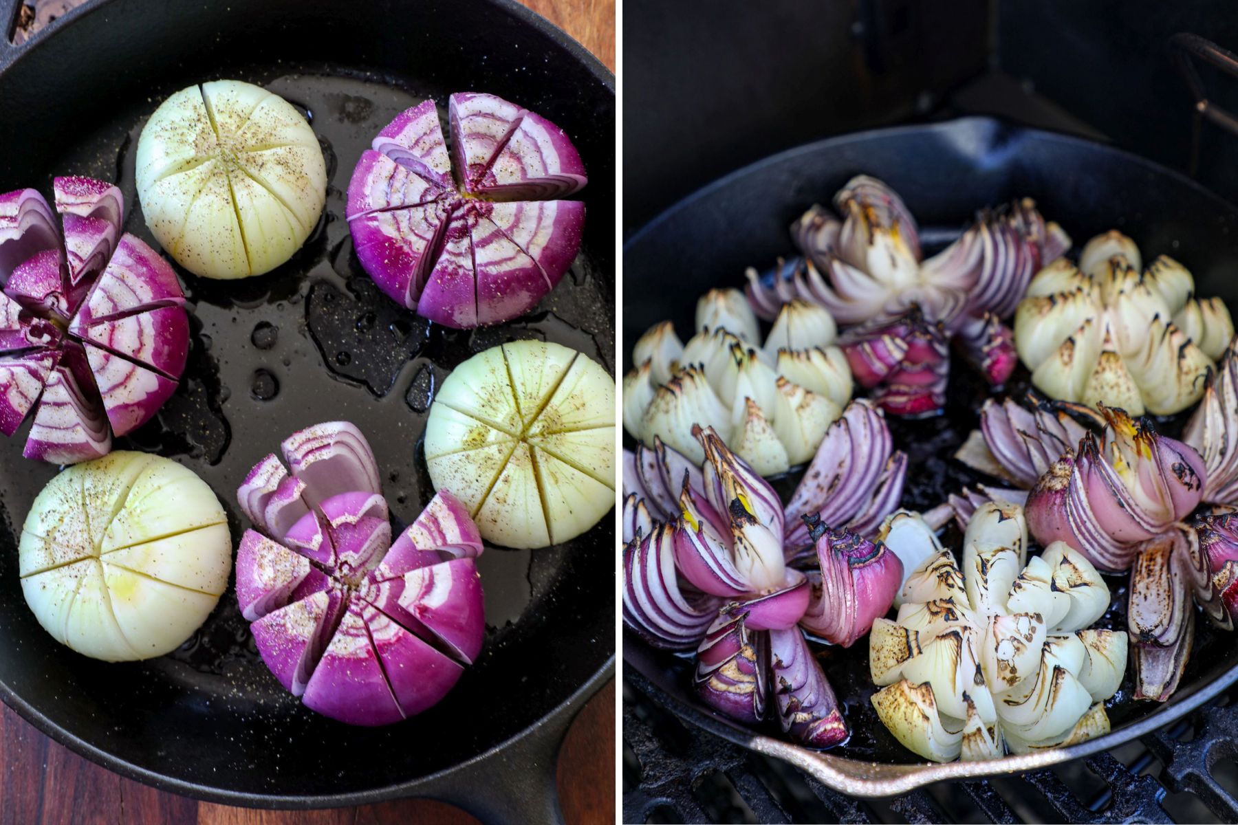 smoked onions smoking on the grill in a cast iron in step by step photos.