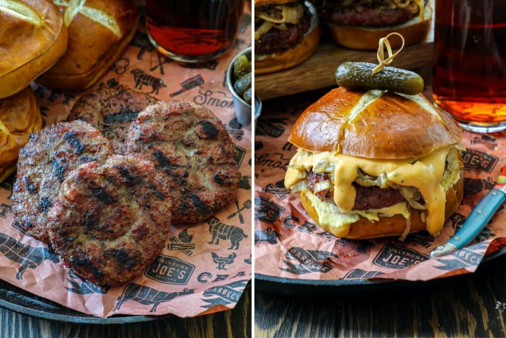 Side by side photos with left photo of brat burgers without any toppings and right photo of brat burger assembled. 