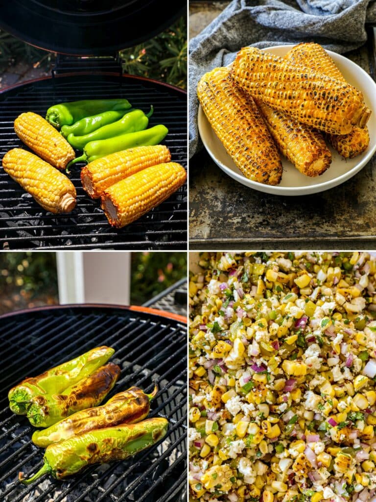 Steps for making grilled corn and fire roasted hatch chiles for salad
