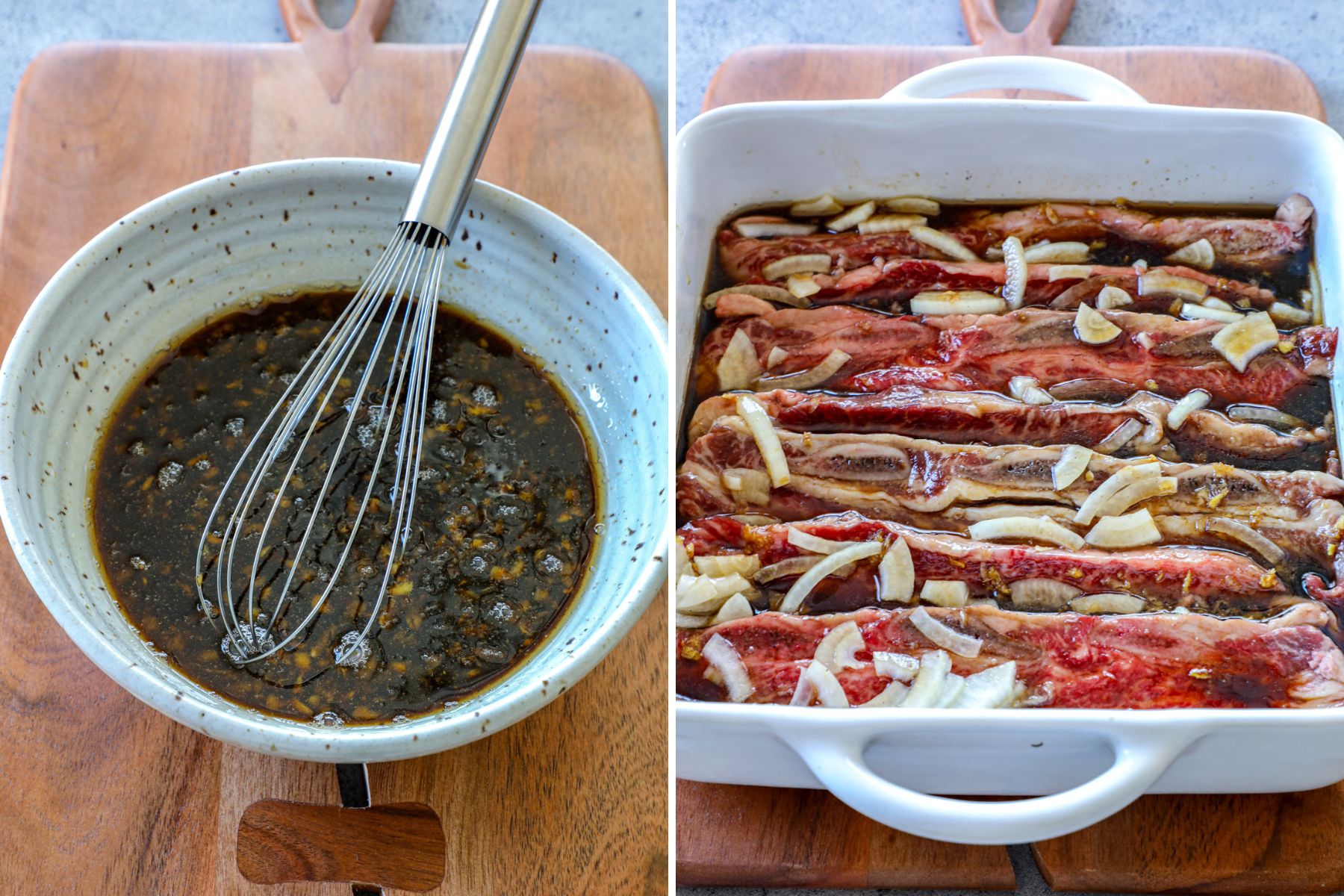 marinating beef flanken ribs in side by side photos. 