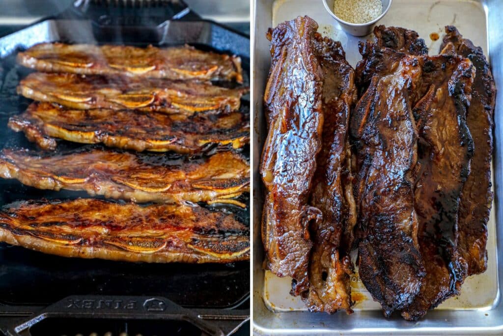 pan searing beef flanken ribs in side by side photos. 