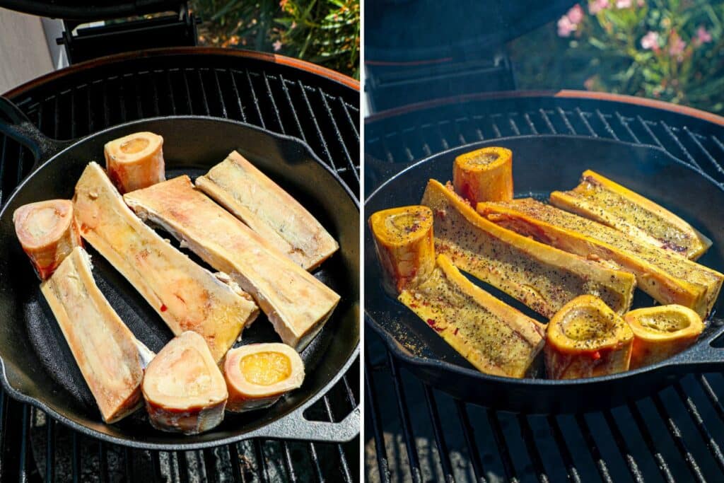 Smoking the bone marrow on the grill in a cast iron pan