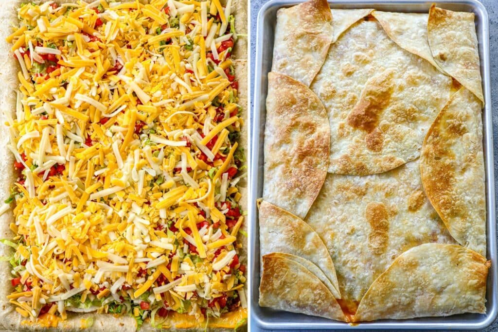 Steps for baking the sheet pan crunch wrap supreme in step by step photos.