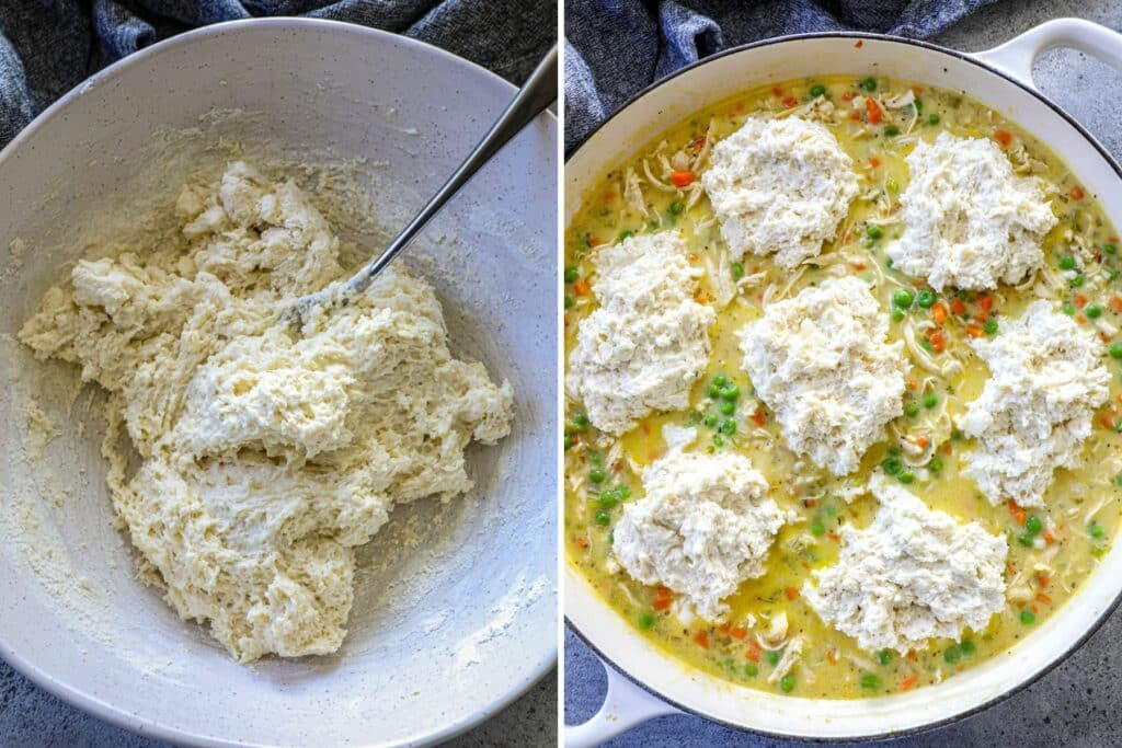 Steps for making the drop biscuits in side by side photos.