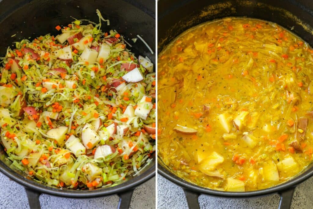 steps for making Alaskan smoked salmon chowder in side by side photos.