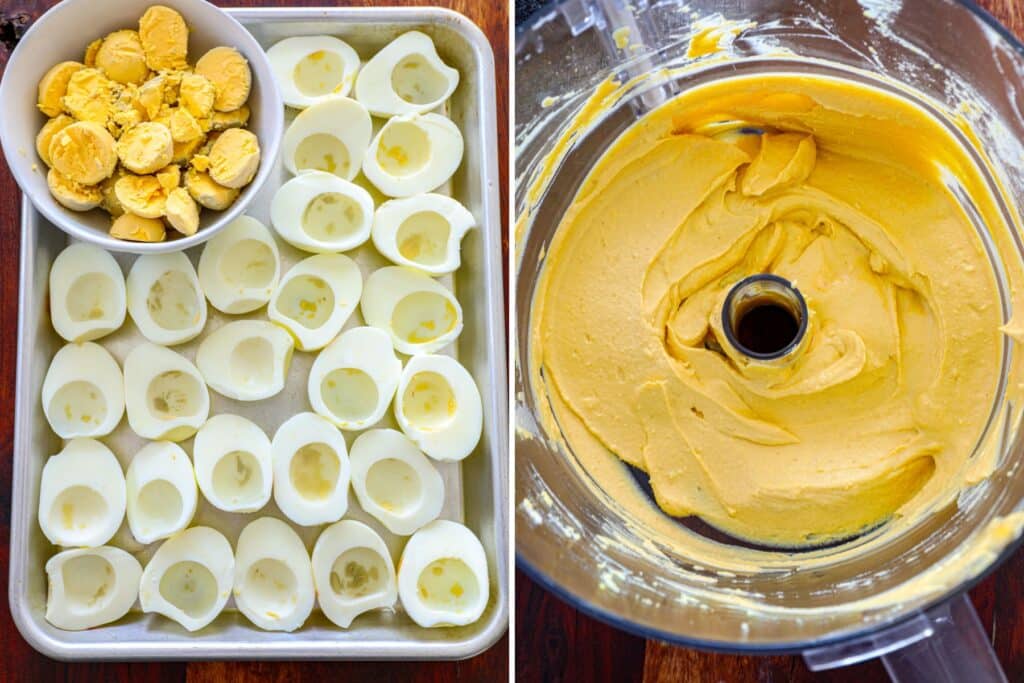 how to make smoked deviled eggs in side by side photos. 