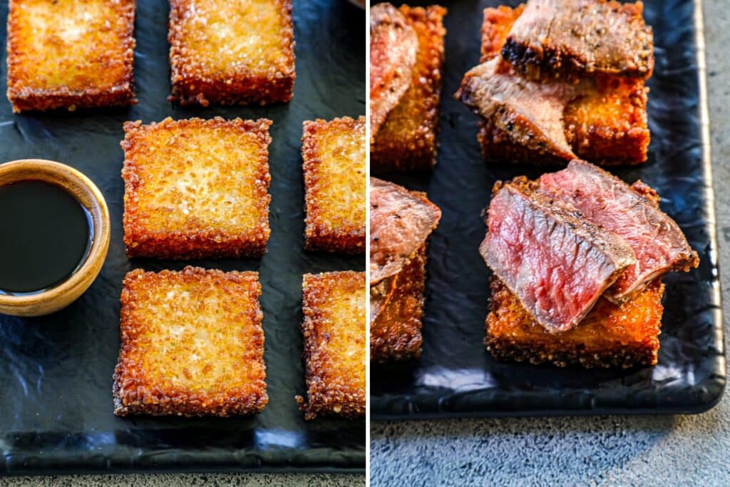 Assembling the rice squares with the steak