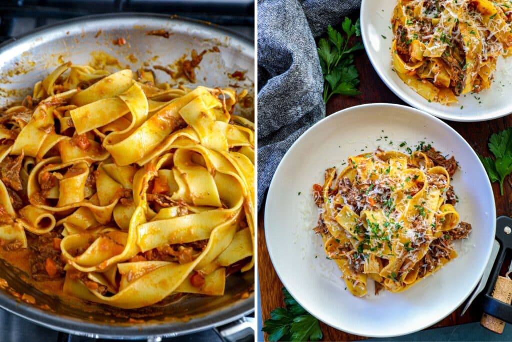 Chuck roast ragu sauce over pasta