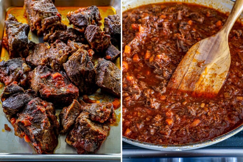 Shredding the braised chuck roast for the ragu sauce