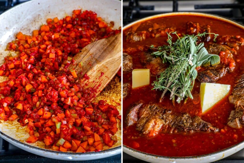 preparing the ragu sauce for braising