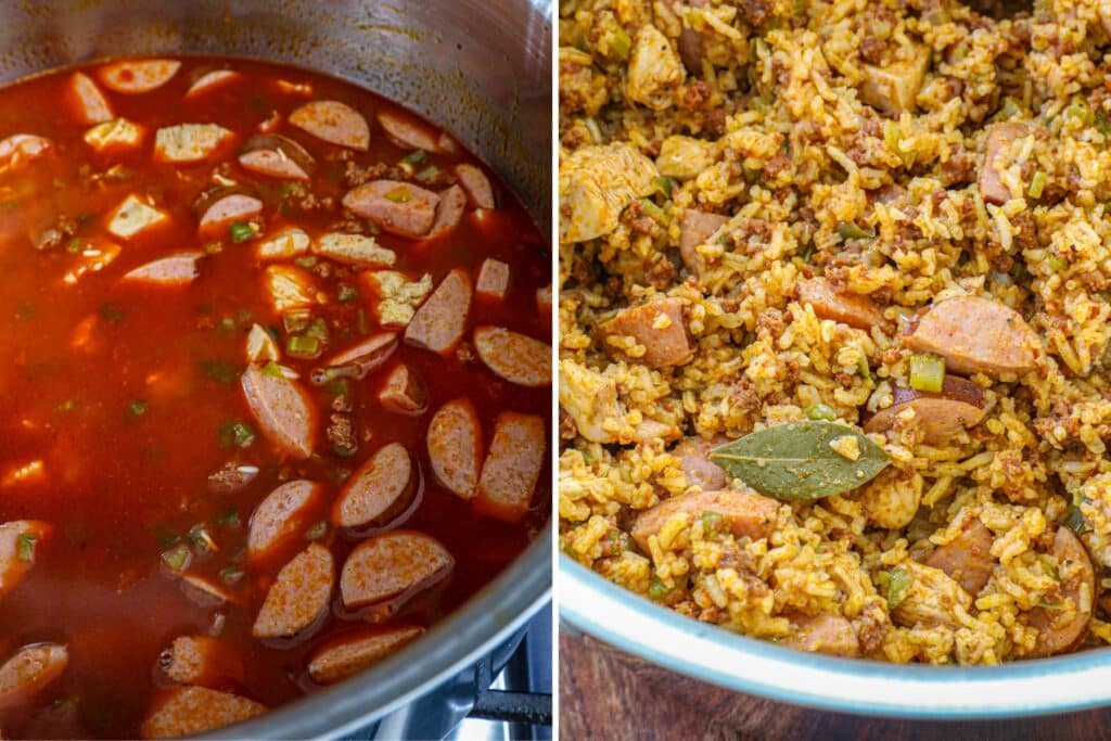 Adding the chicken stock and cooking it down to make jambalaya