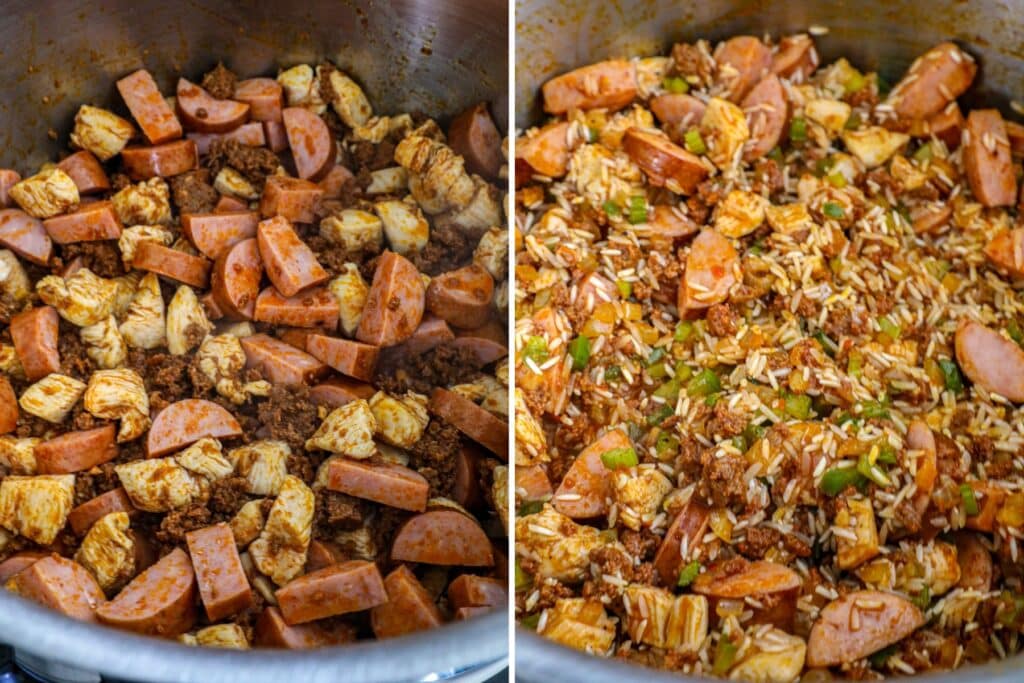 Browning the meat and adding the rice to Chicken and Chorizo Jambalaya Recipe