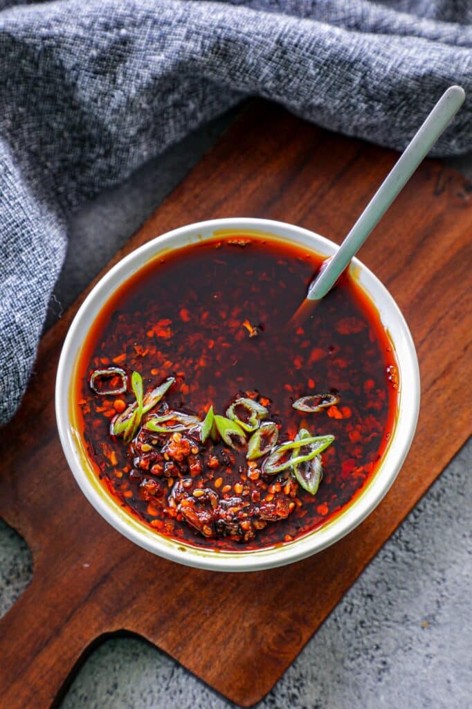 Garlic Chili Oil Recipe in a small white bowl.