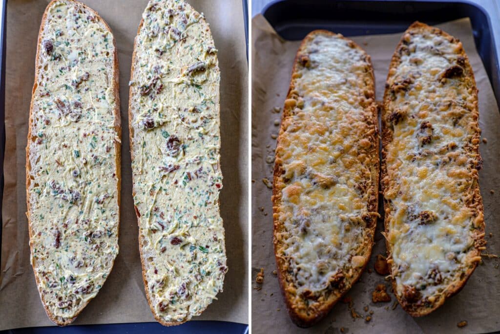 Prepping the cheesy garlic bread and baking it