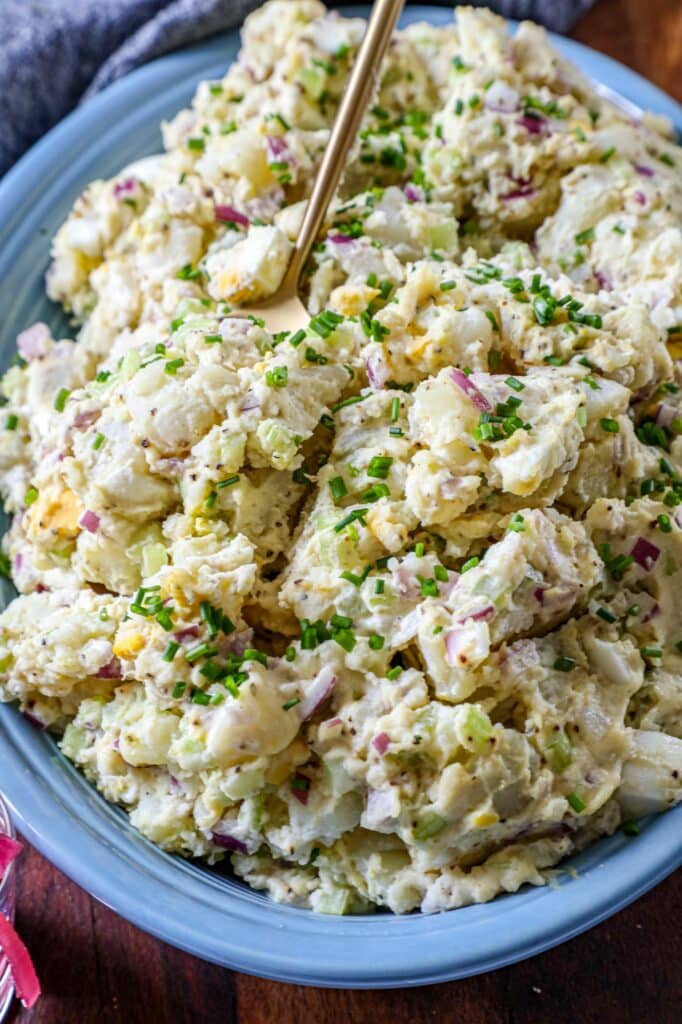 Traditional Deli Potato Salad Recipe served on a large serving platter. 