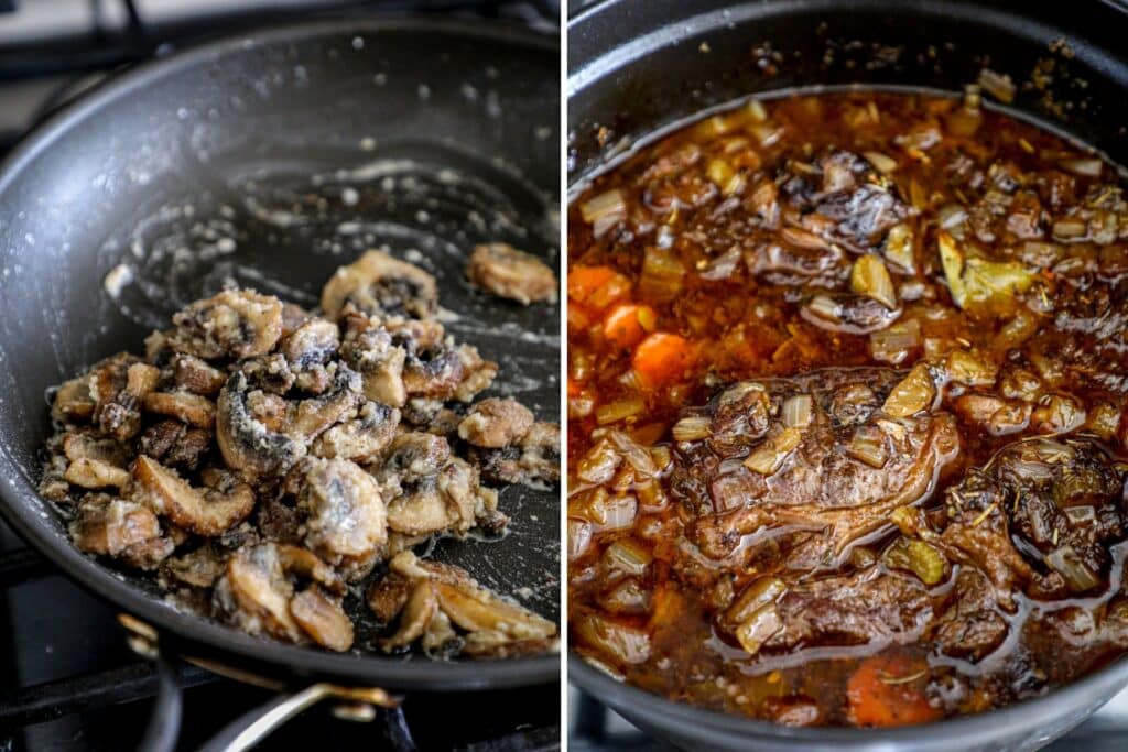 Braising and adding he mushrooms to guinness braised beef