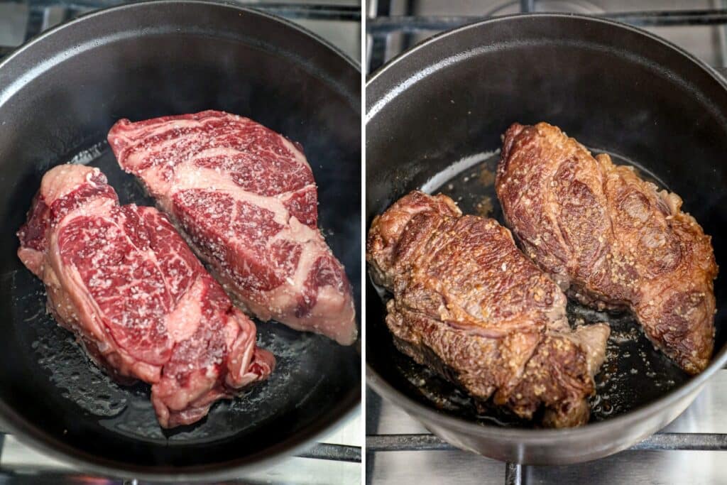 Searing the beef for guinness braised beef