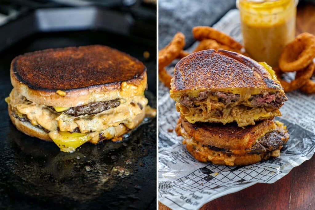 Grilling the patty melt burger and serving it