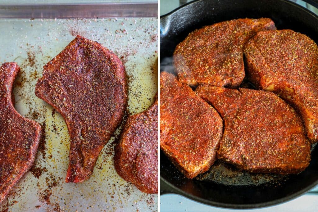Seasoning the blackened pork chops