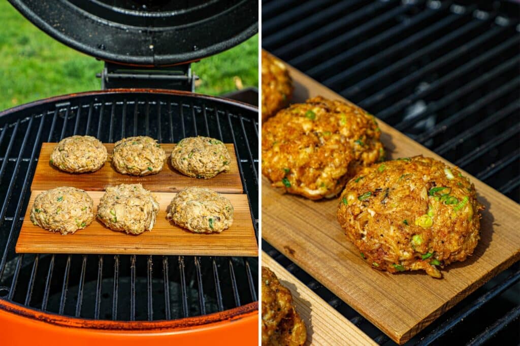 Smoked Crab Cakes on a cedar plank on the grill