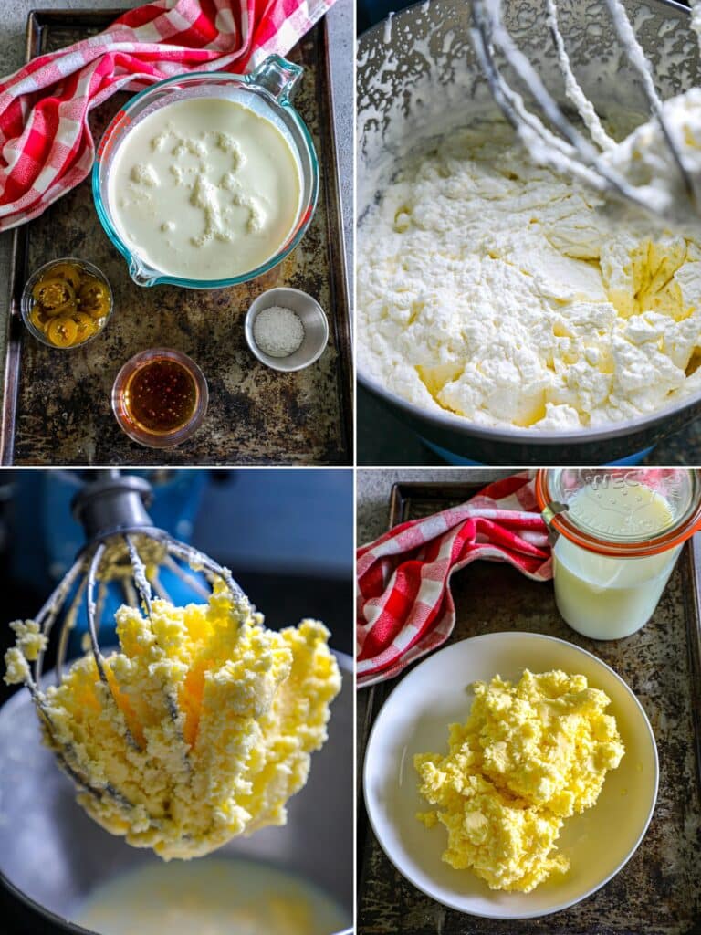 Steps for making homemade butter with heavy cream.