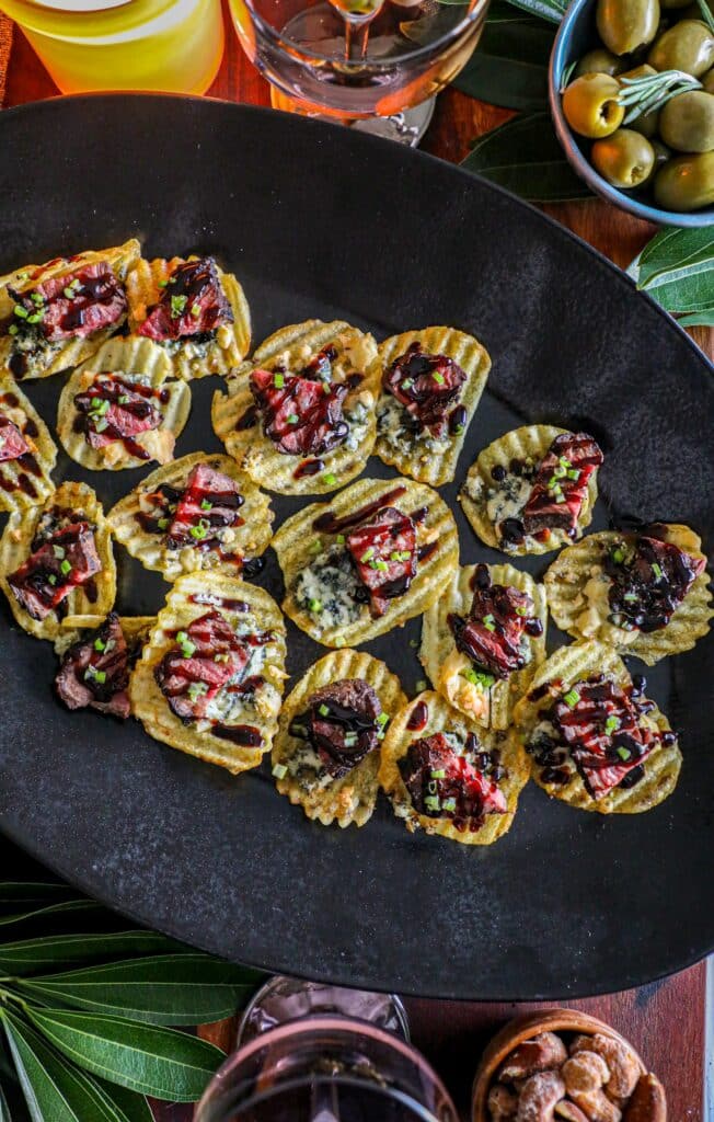 Steak crostini on a platter 