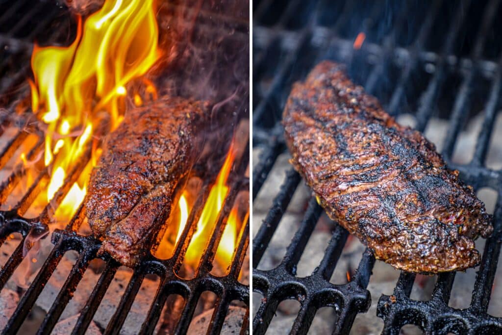 Grilling the hanger steak over charcoal