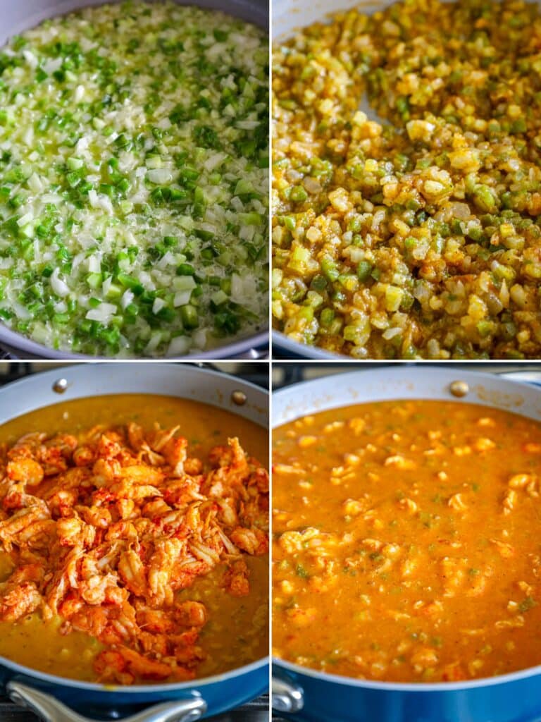 Steps for cooking Cajun crawfish etouffee (sauteing, making a roux, adding the crawfish, and stock). 