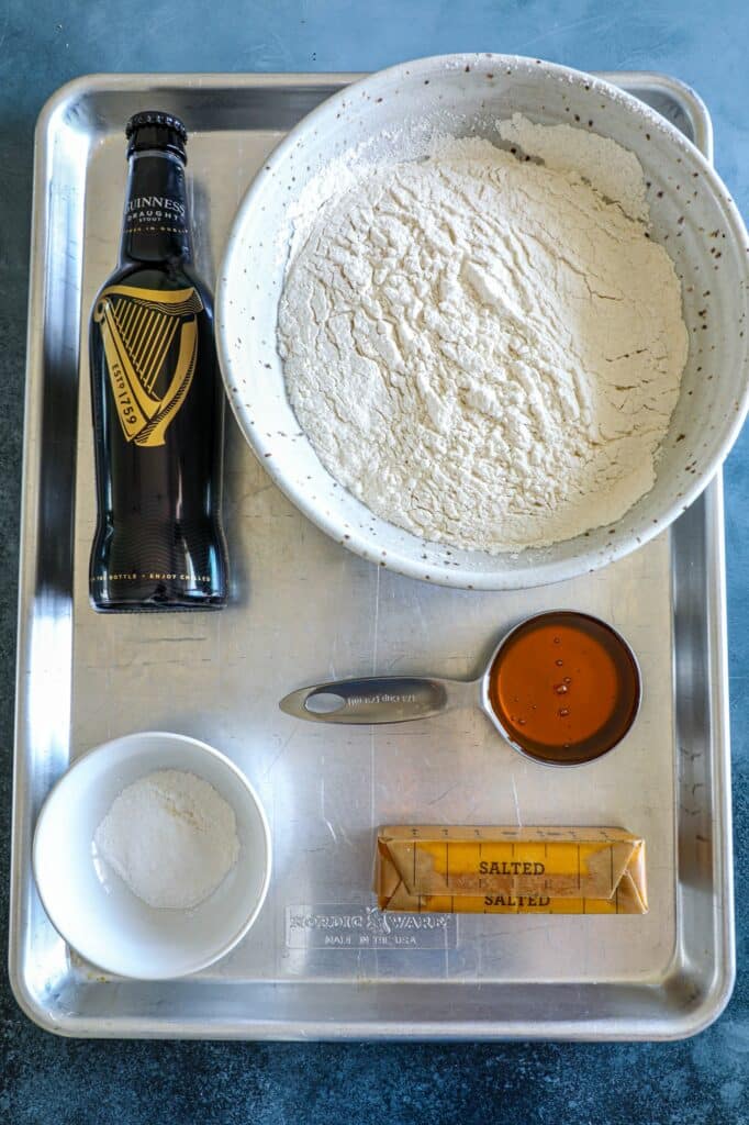 Guinness Beer Bread Recipe ingredients on a tray 