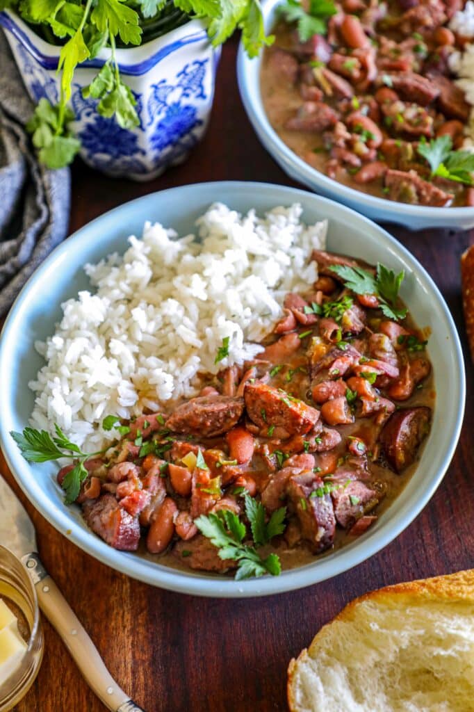 a bowl of smoked red beans and rice 